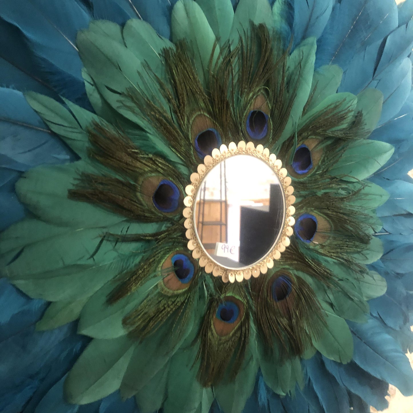 Grand Juju /miroir plumes bleu pétrole, noir et plumes de paon 60 CM
