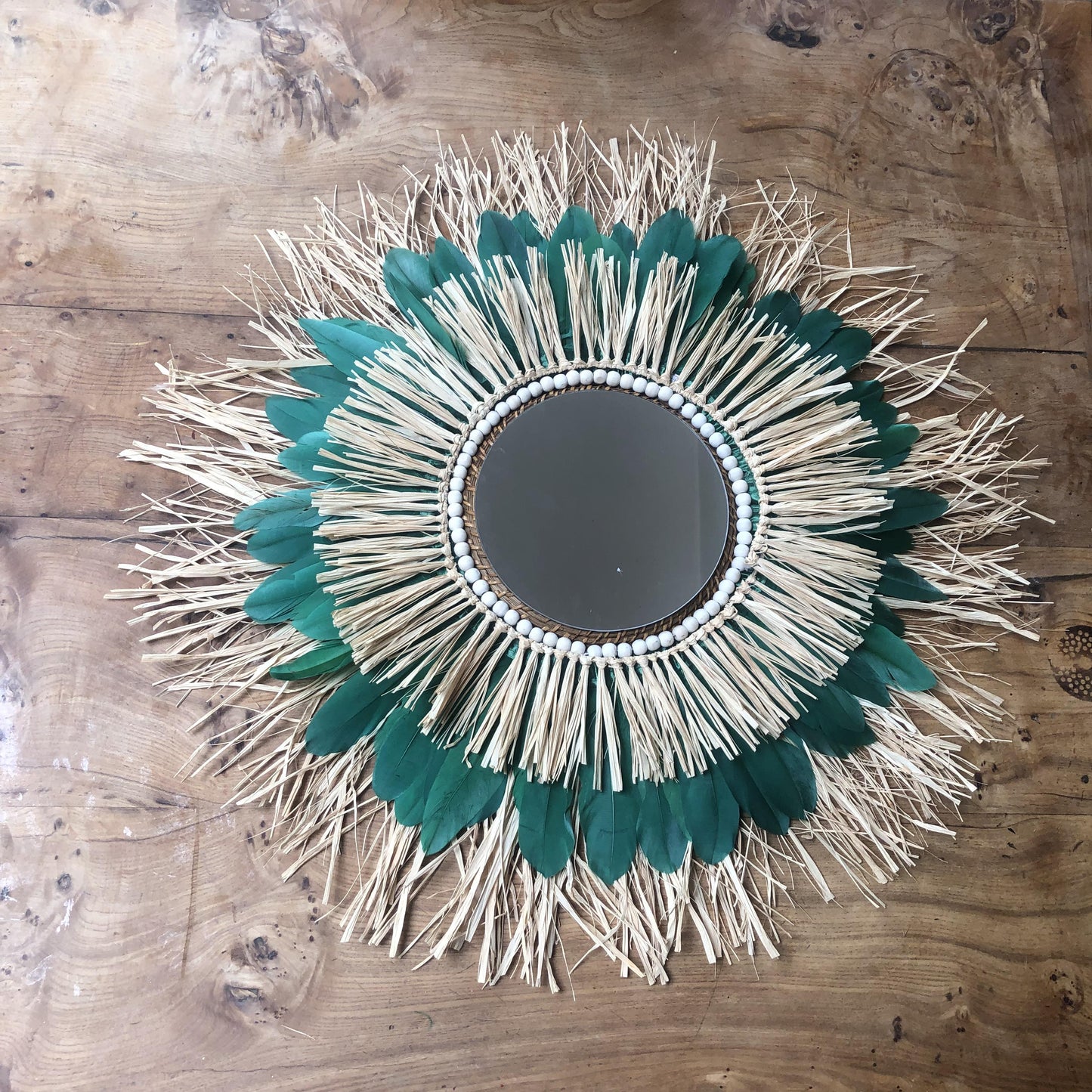 grand miroir en double raphia et plumes au choix 68 cm