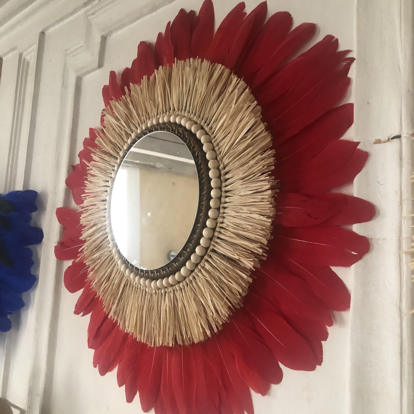 Grand miroir raphia plumes et perles (15 coloris AU CHOIX)