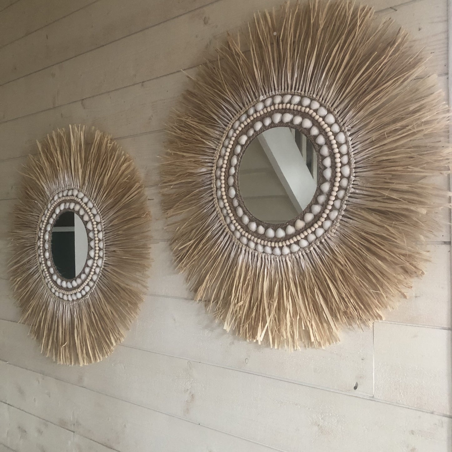 Miroir raphia et coquillage