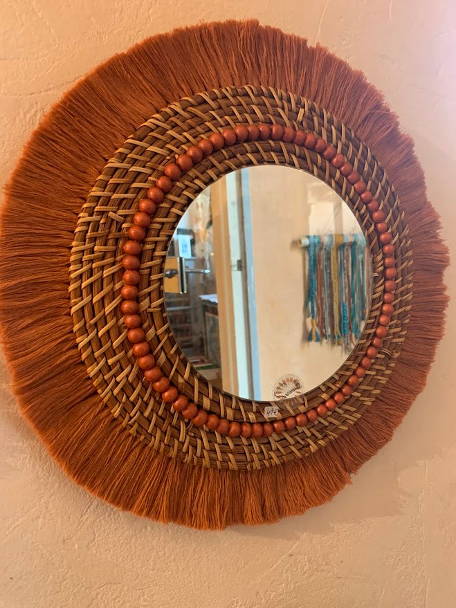 Mirror made of rattan, combed macrame cotton and hand-painted wooden beads