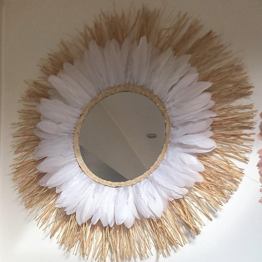 Miroir décoratif mural plumes blanches et raphia taille XXL