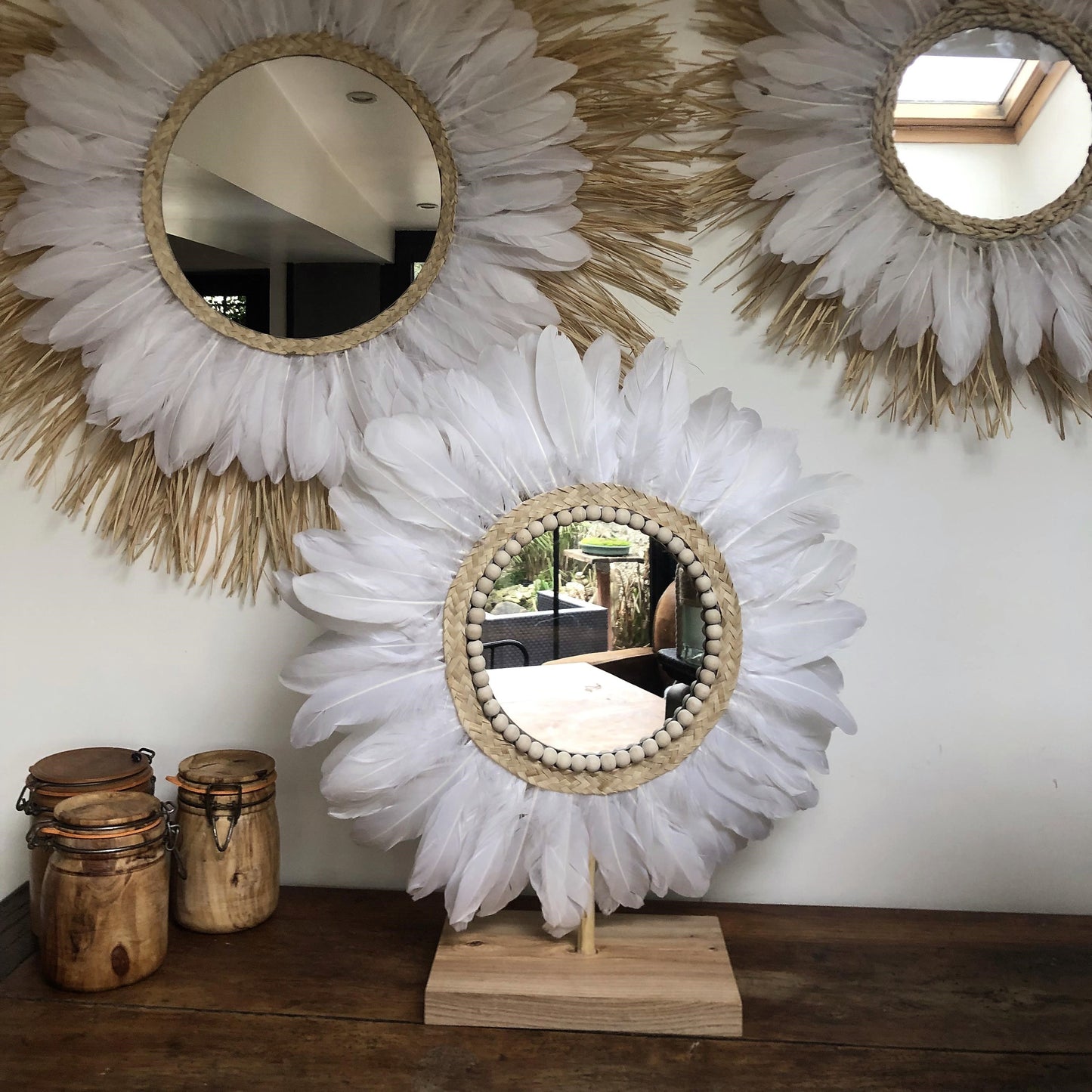 Miroir décoratif blanc sur socle bois a poser