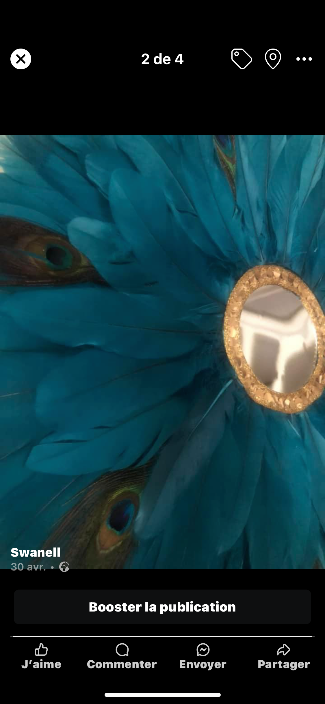 Miroir /Juju plumes bleu pétrole et plumes de paon 50 cm