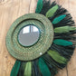 Miroir demi lune en rotin, raphia et plumes (coloris au choix)
