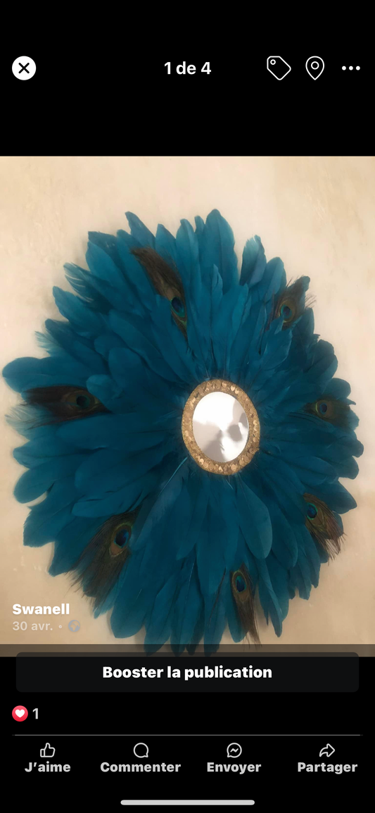 Miroir /Juju plumes bleu pétrole et plumes de paon 50 cm