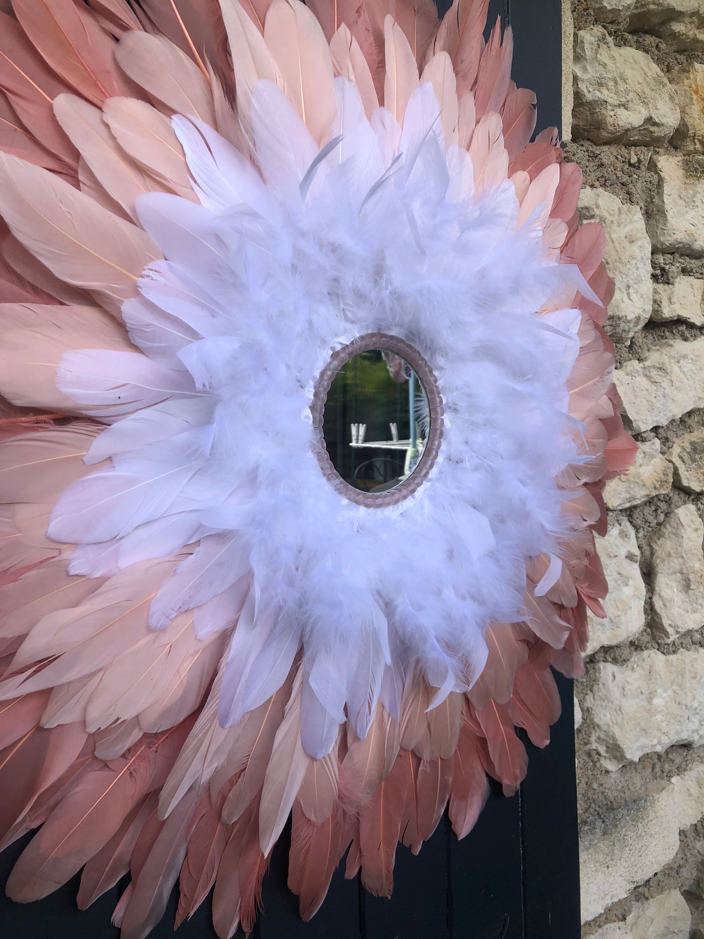 Grand Juju/ miroir plumes  Rose et blanc