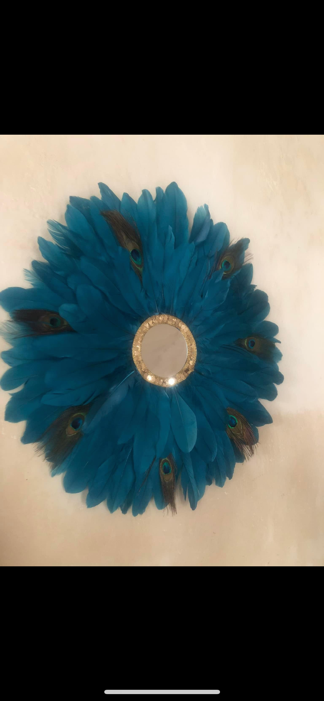 Miroir /Juju plumes bleu pétrole et plumes de paon 50 cm