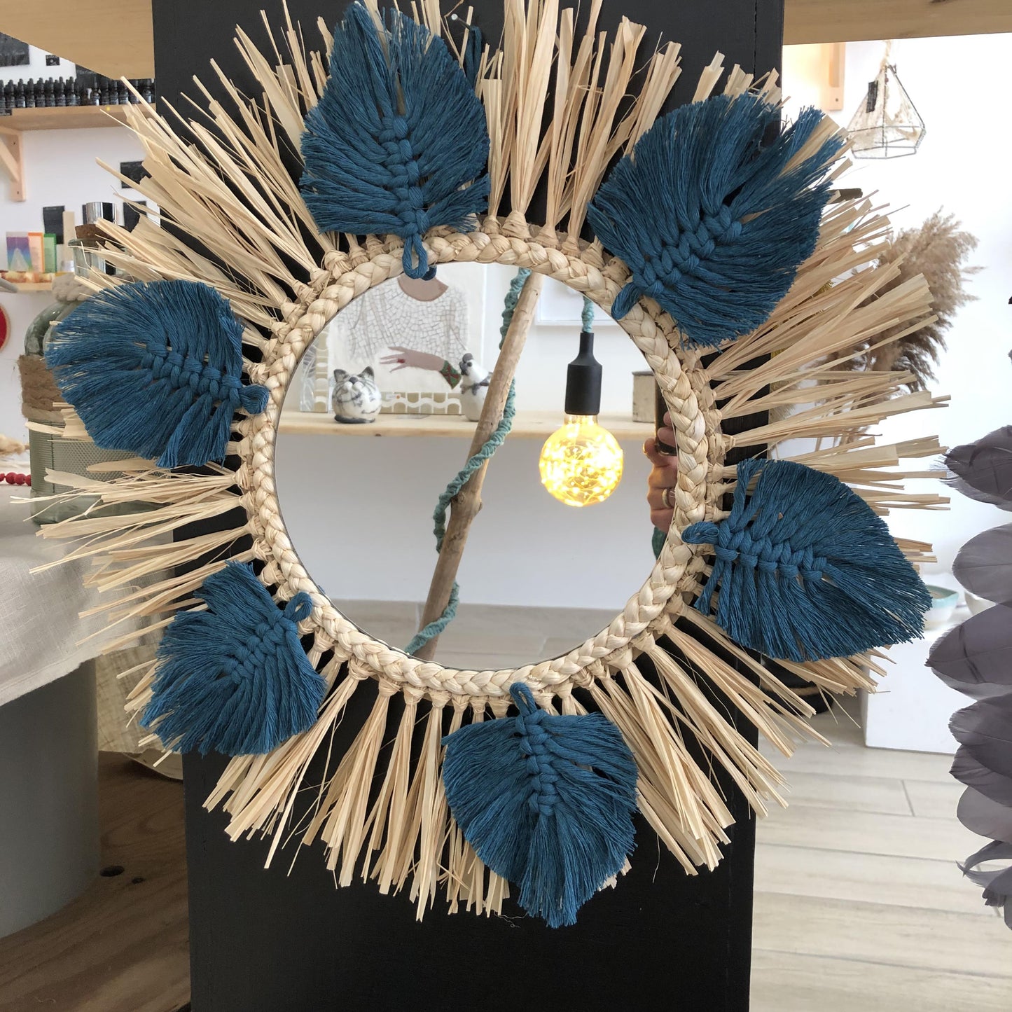 Natural raffia and macrame mirror