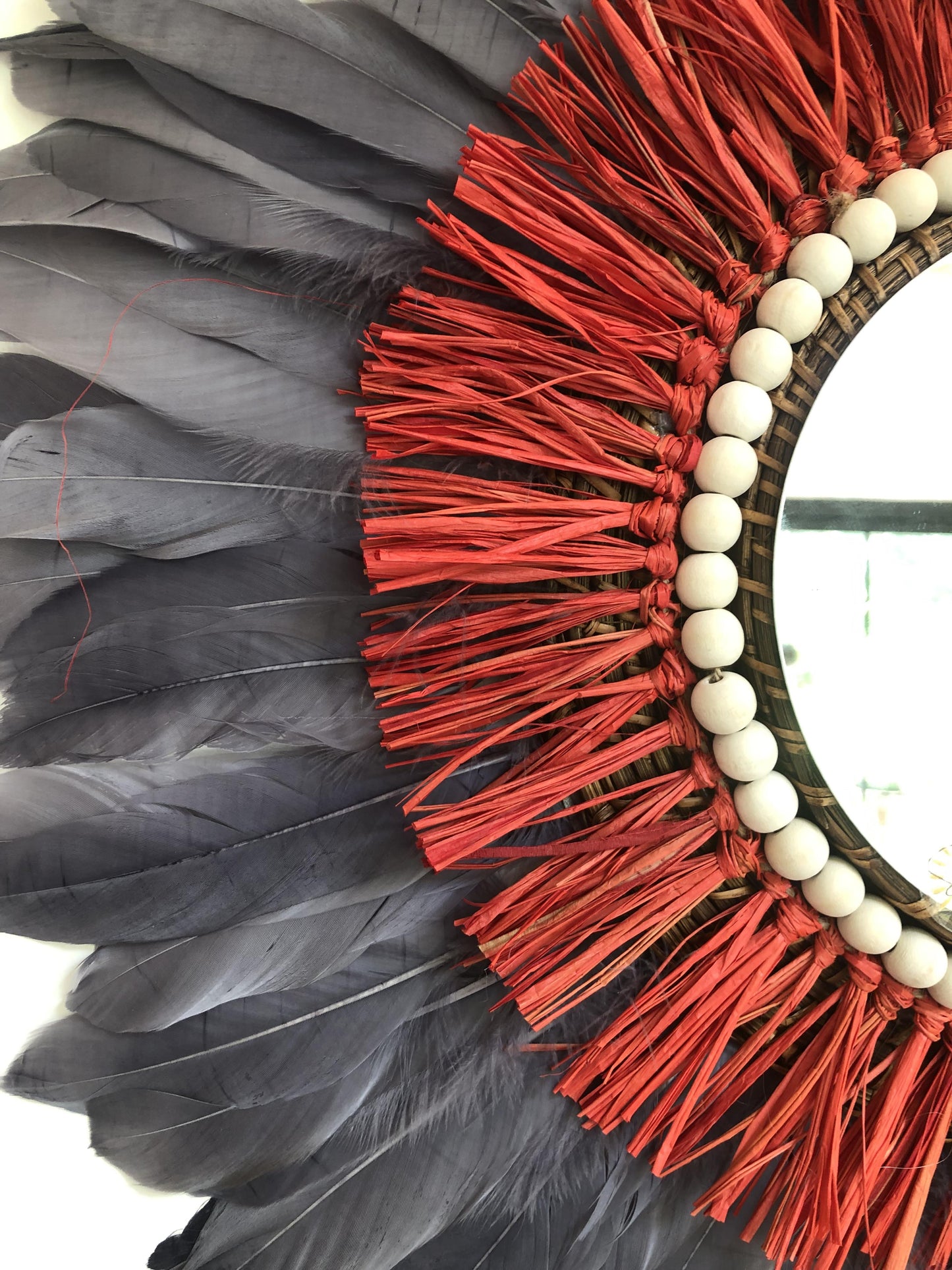 Mirrors in RED raffia and feathers in all colors