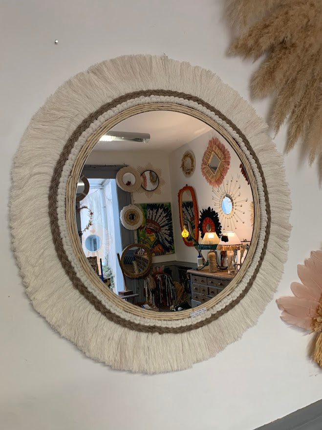 Extra large ecru cotton mirror, 68 cm