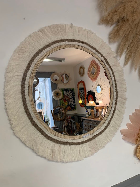 Extra large ecru cotton mirror, 68 cm
