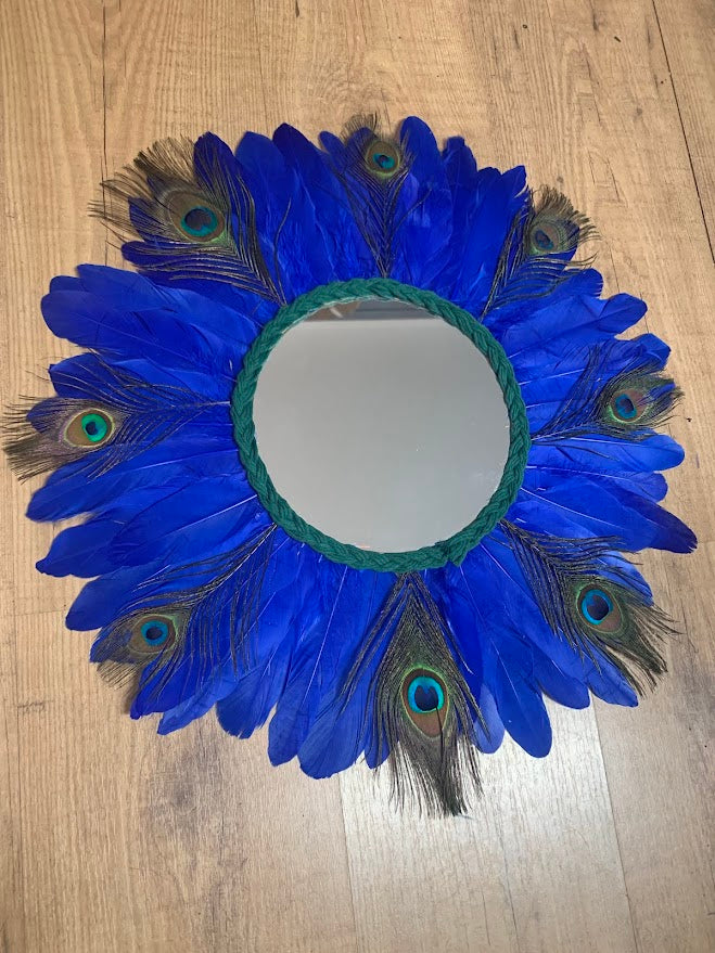 Black wall mirror with peacock feathers, 50cm