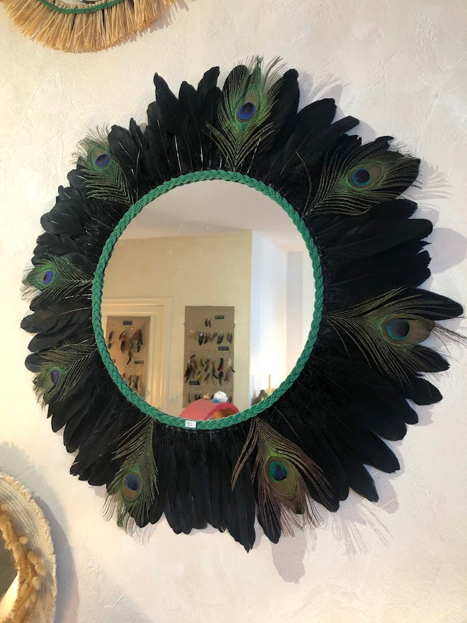 Black wall mirror with peacock feathers, 50cm