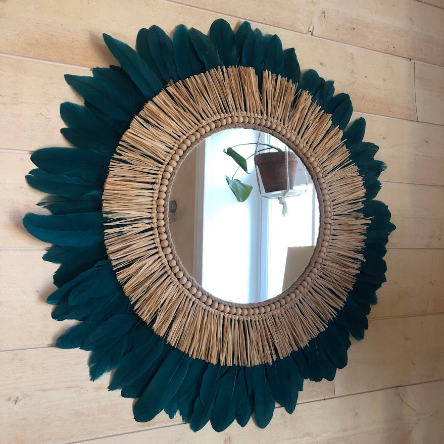 Grand miroir bleu pétrole et raphia naturel