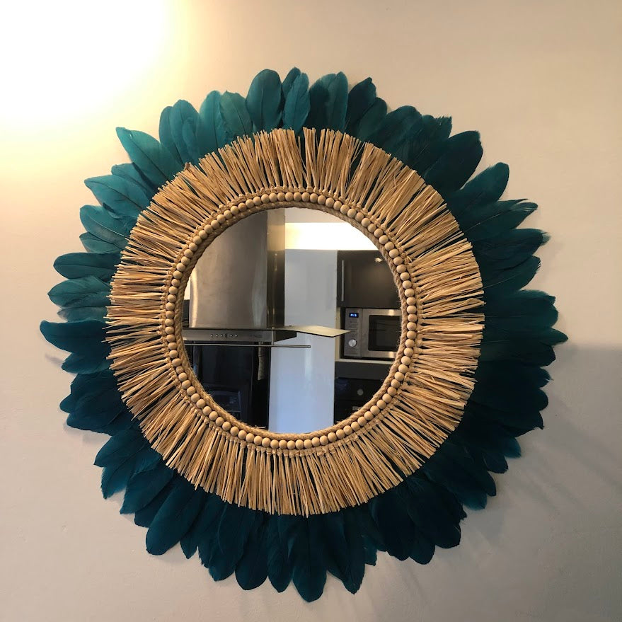 Grand miroir bleu pétrole et raphia naturel