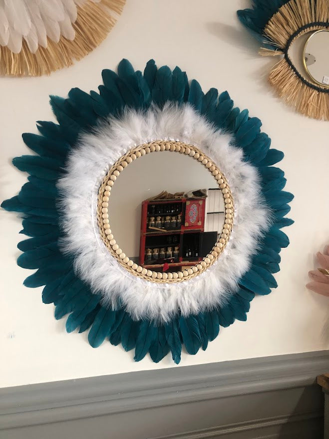 Grand miroir plumes bleu pétrole 60cm