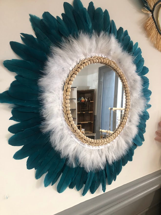 Grand miroir plumes bleu pétrole 60cm