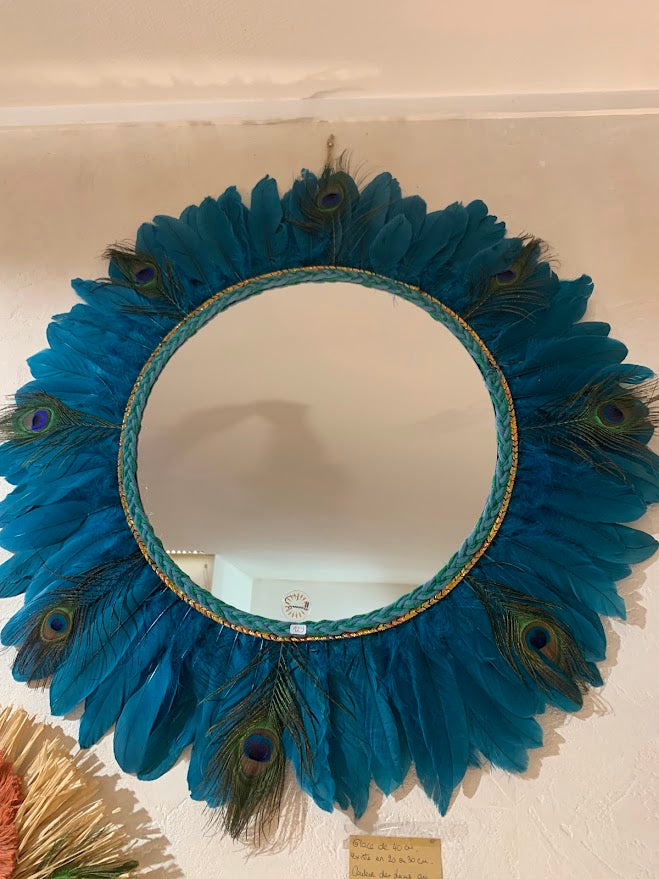 Black wall mirror with peacock feathers, 50cm