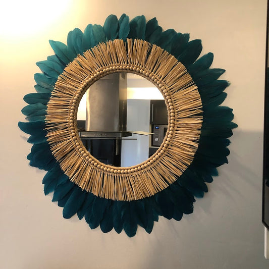 Grand miroir bleu pétrole et raphia naturel