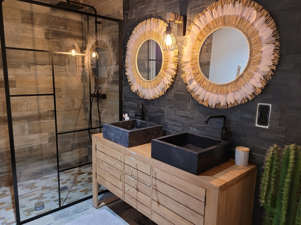 Large mirror in double raffia and feathers of your choice, 68 cm