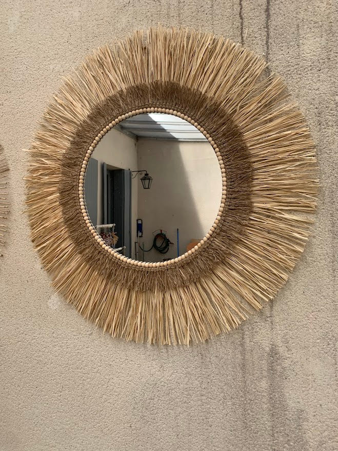 Miroir en raphia et cordages naturels