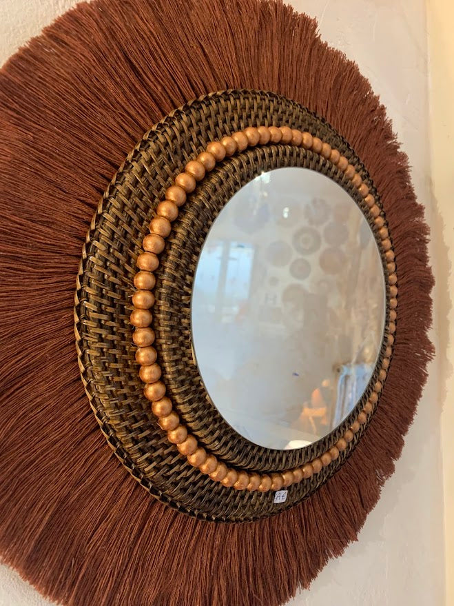 Mirror made of rattan, combed macrame cotton and hand-painted wooden beads