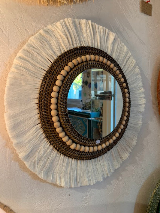 Mirror made of rattan, combed macrame cotton and hand-painted wooden beads
