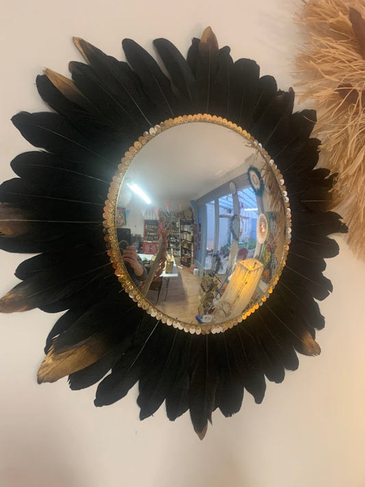 Grand miroir de sorcière noir et dorures 60 cm