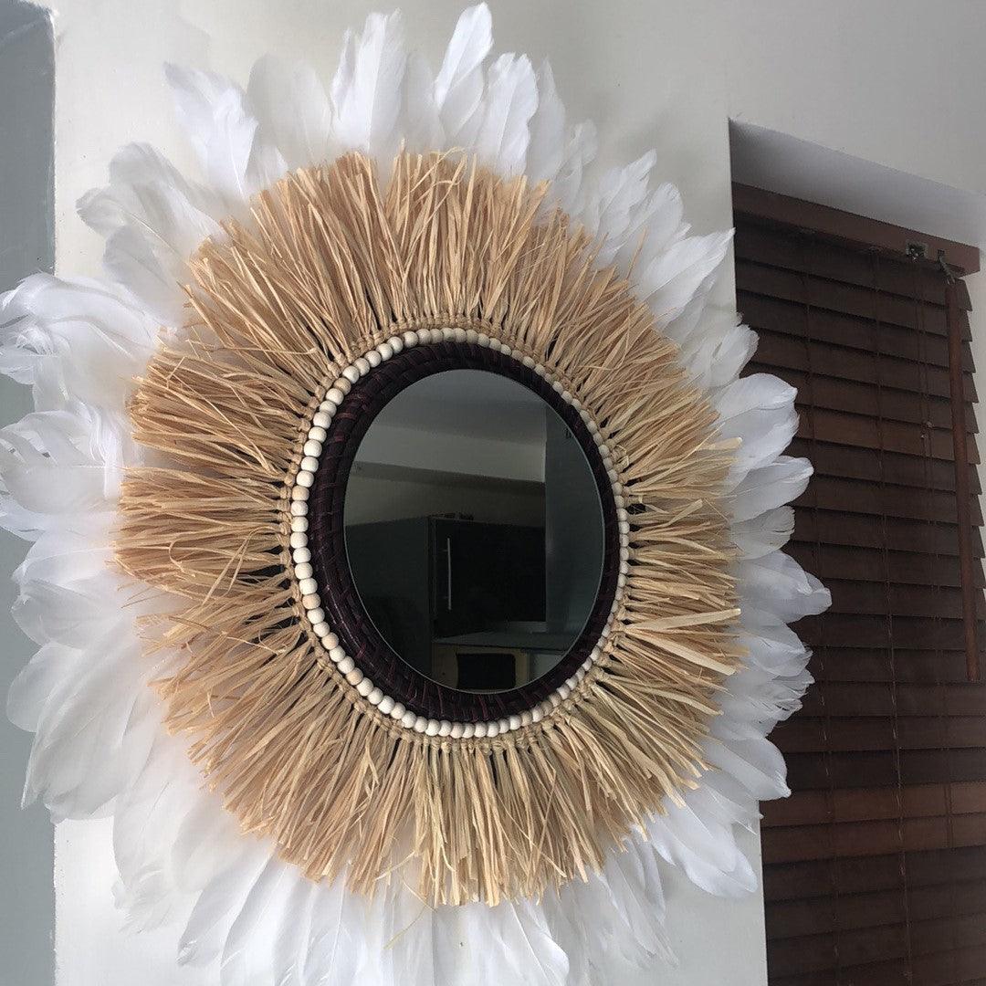 Large raffia mirror, feathers and beads several colors