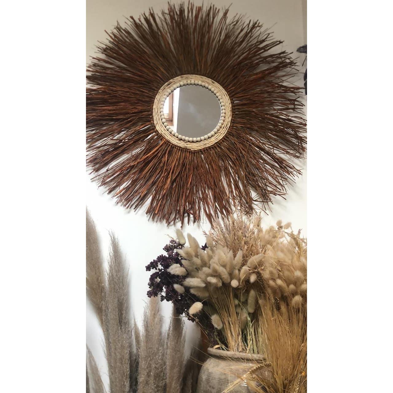 Very large mirror in brown raffia and corn rope