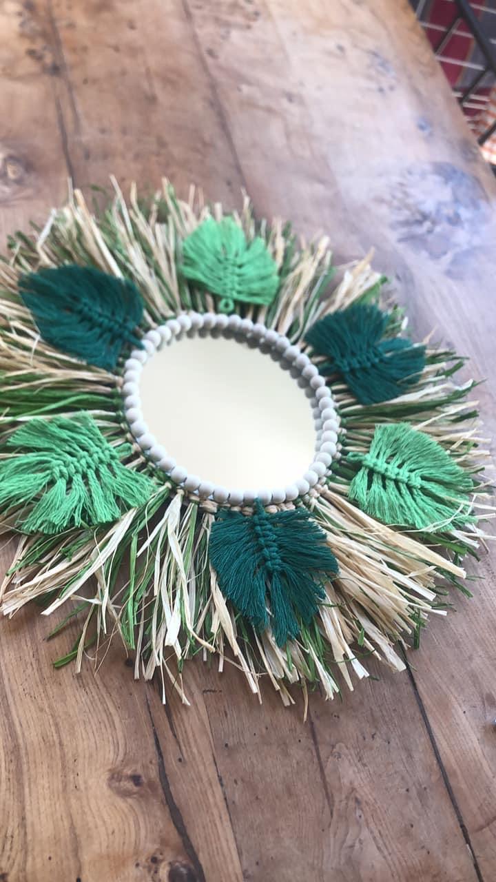 Natural raffia and macrame mirror