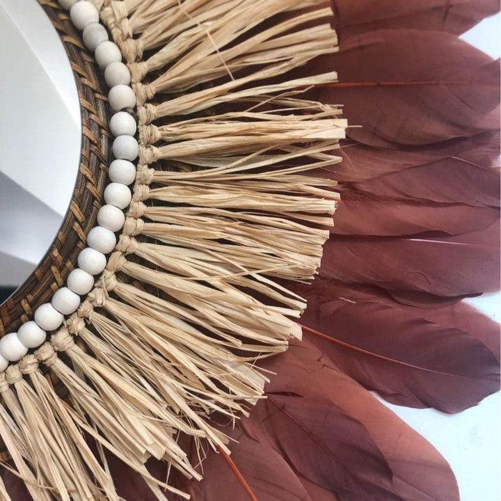 Large raffia mirror, feathers and beads several colors