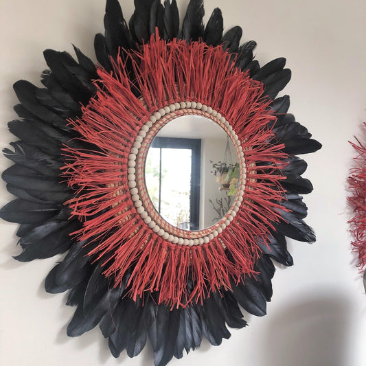miroir plume noir raphia rouge swanell