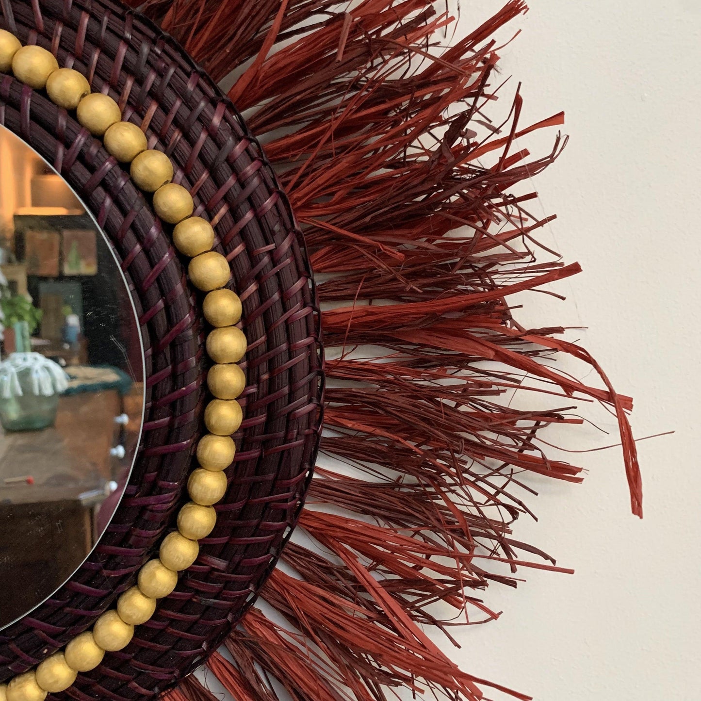 Mirror autumnal colors rattan, raffia and golden yellow beads