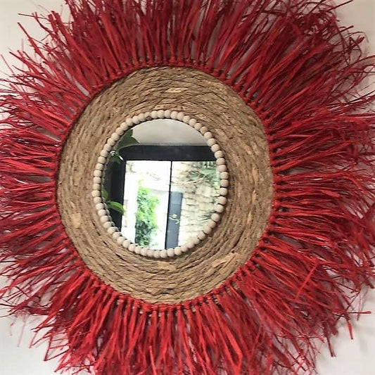 Red raffia mirror on braided base