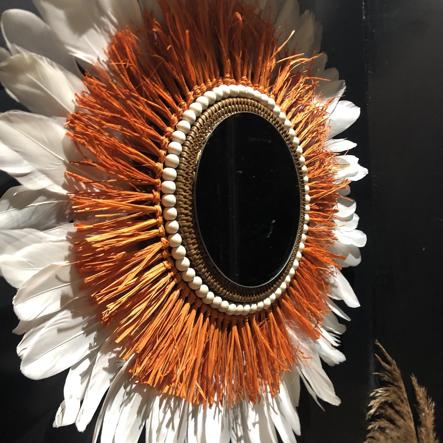 Mirror in ORANGE raffia and feathers in any color