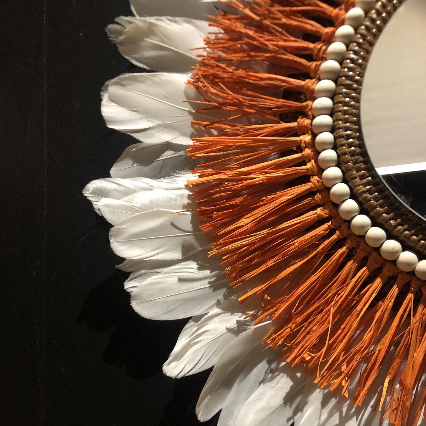 Mirror in ORANGE raffia and feathers in any color