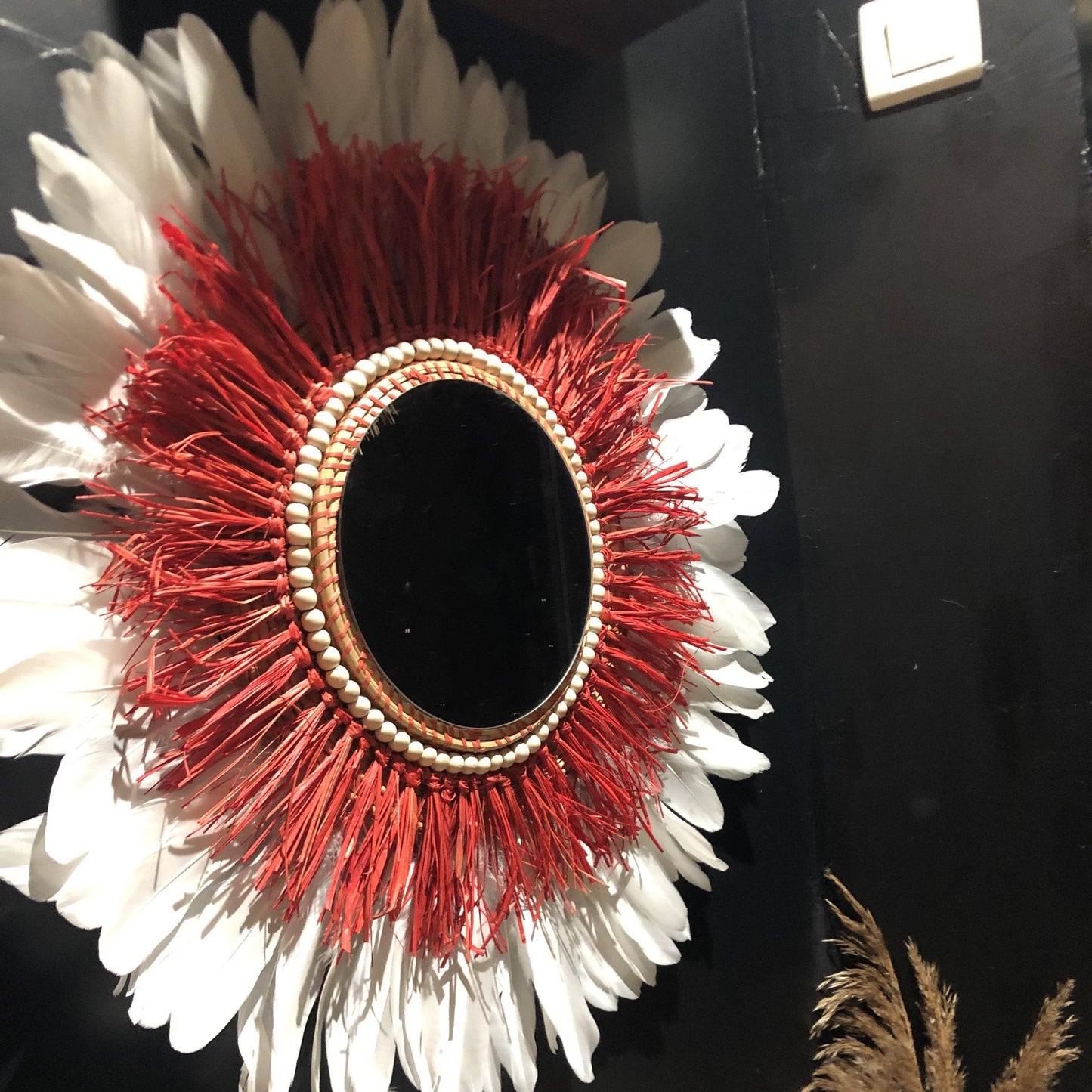 Mirrors in RED raffia and feathers in all colors