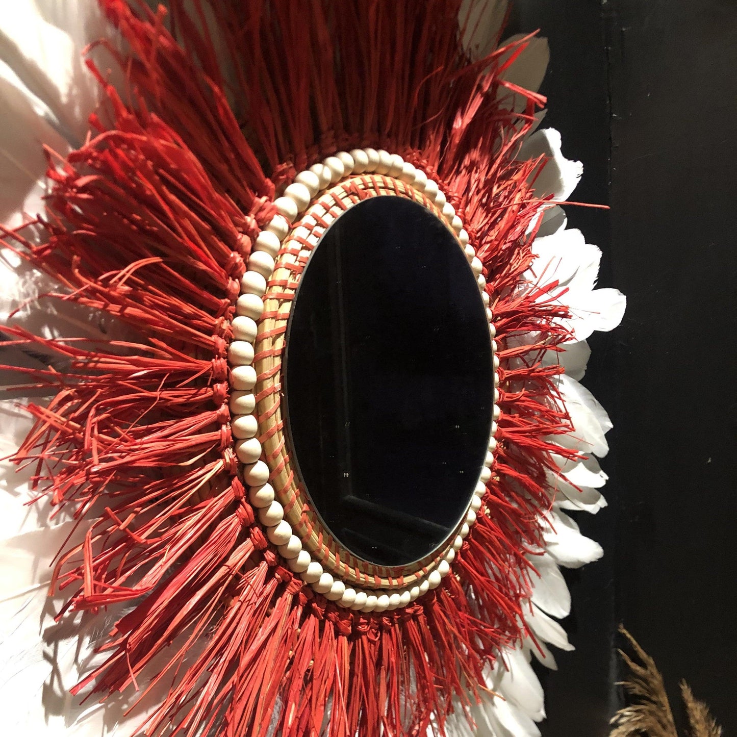 Mirrors in RED raffia and feathers in all colors