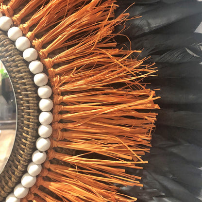 Mirror in ORANGE raffia and feathers in any color