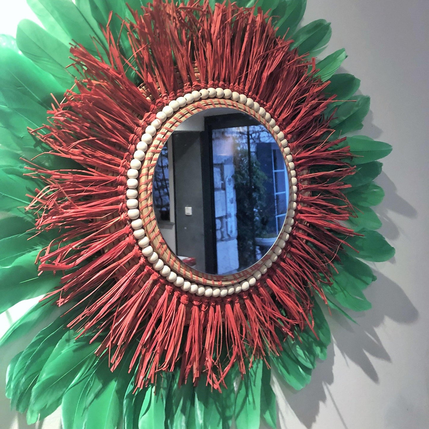 Mirrors in RED raffia and feathers in all colors