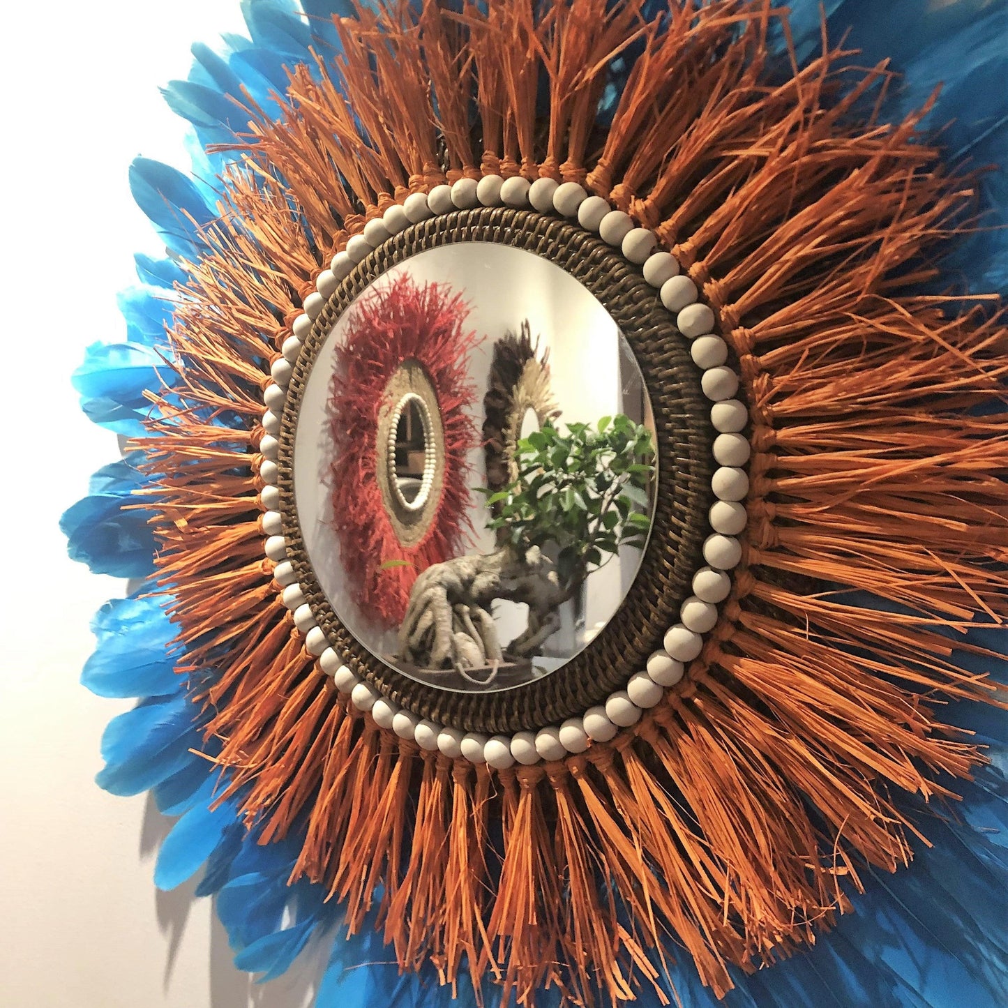 Mirror in ORANGE raffia and feathers in any color