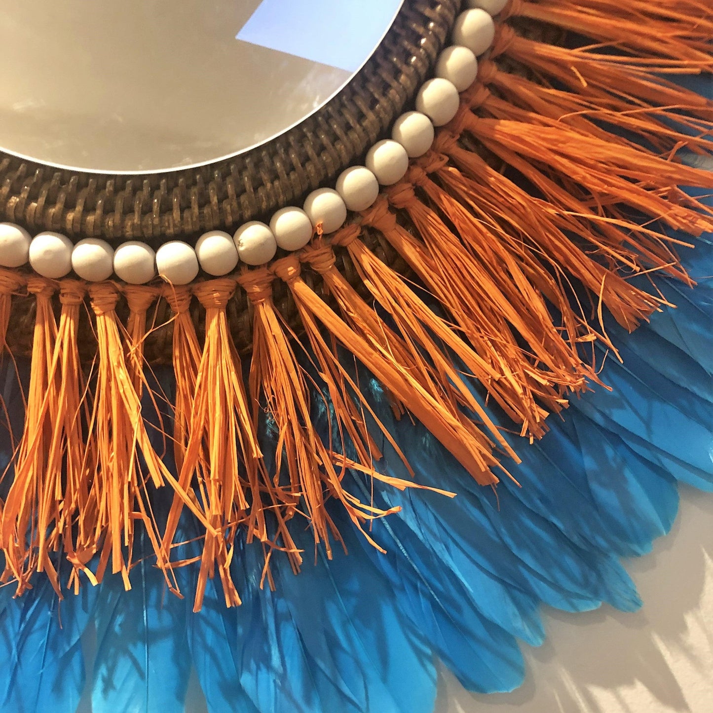 Mirror in ORANGE raffia and feathers in any color