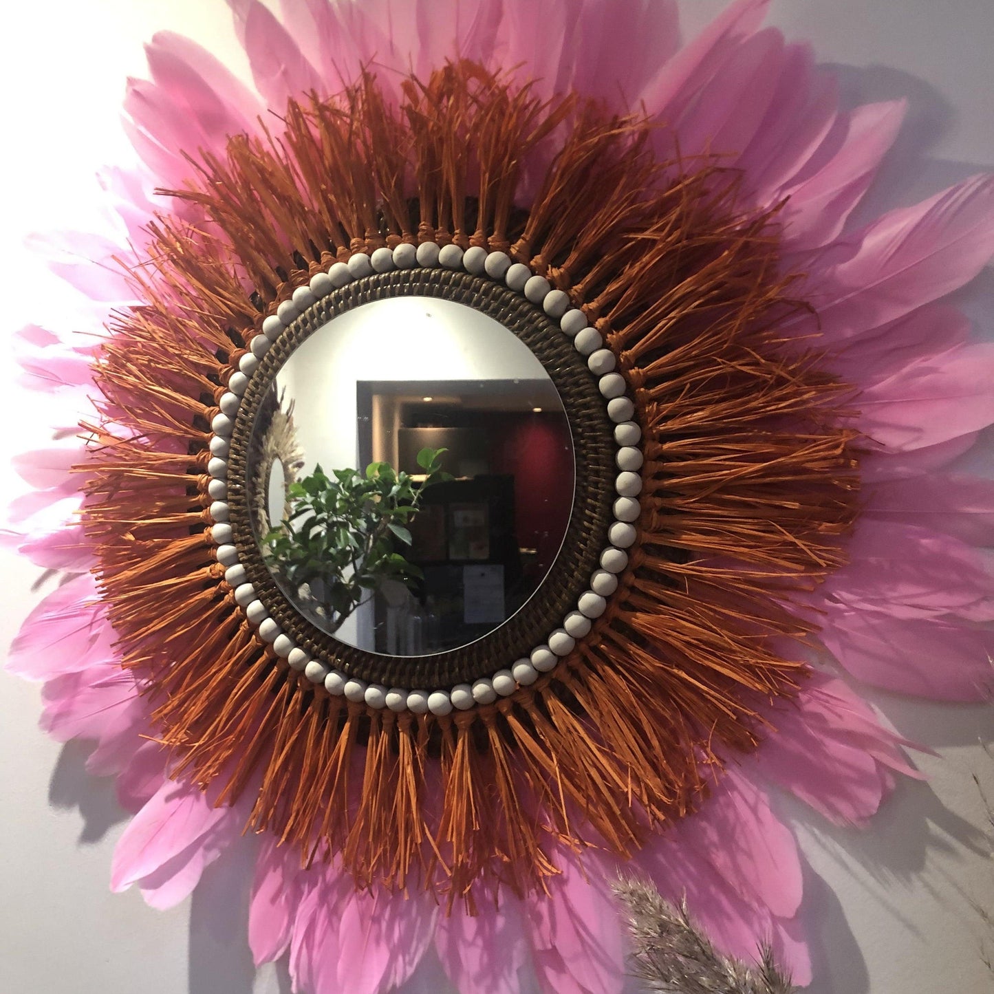 Mirror in ORANGE raffia and feathers in any color