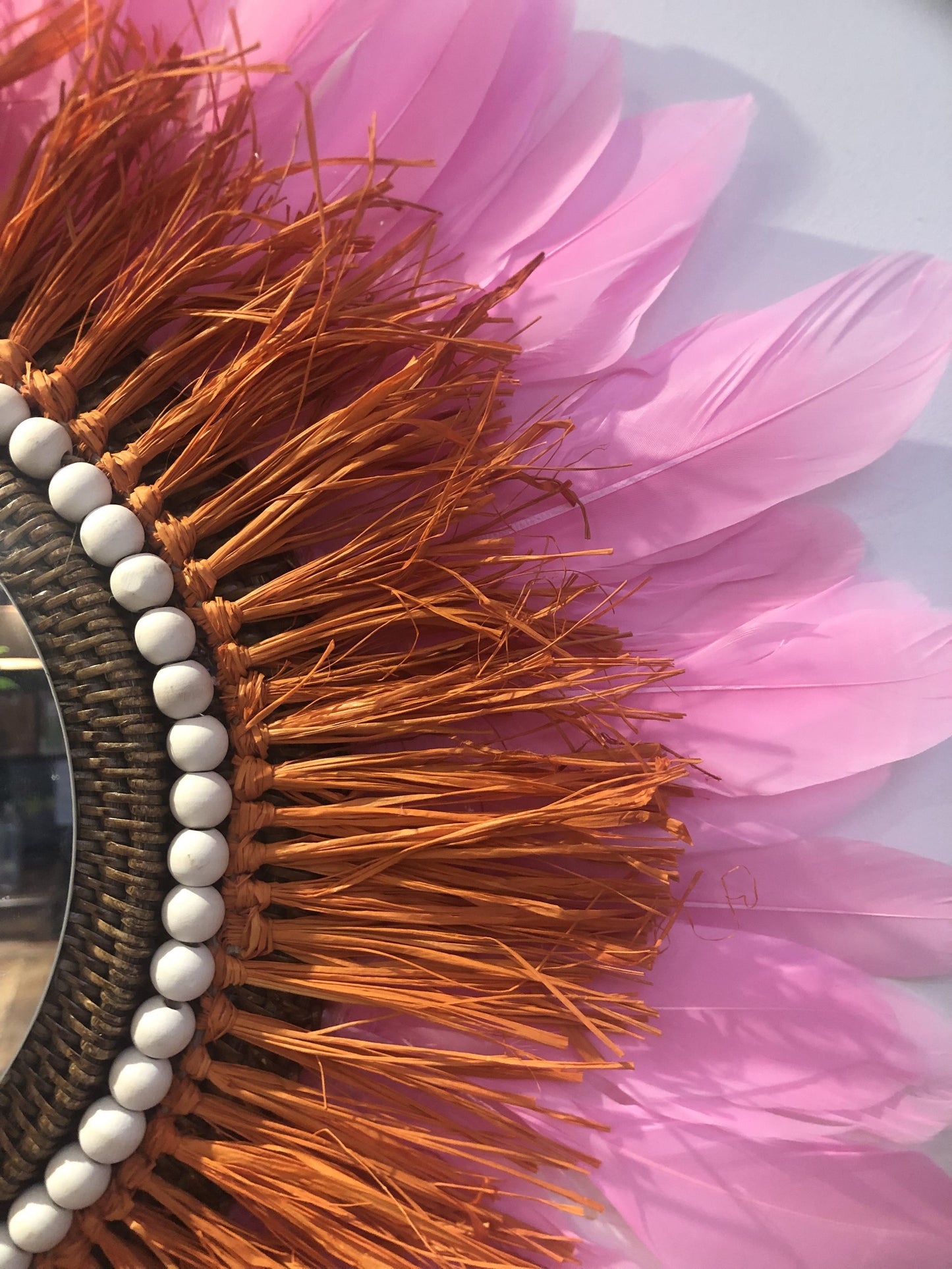 Mirror in ORANGE raffia and feathers in any color