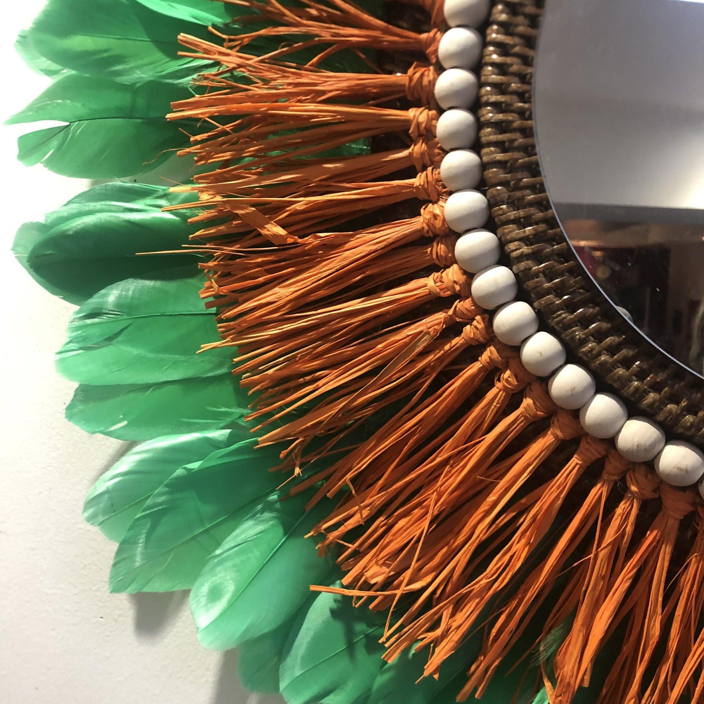 Mirror in ORANGE raffia and feathers in any color