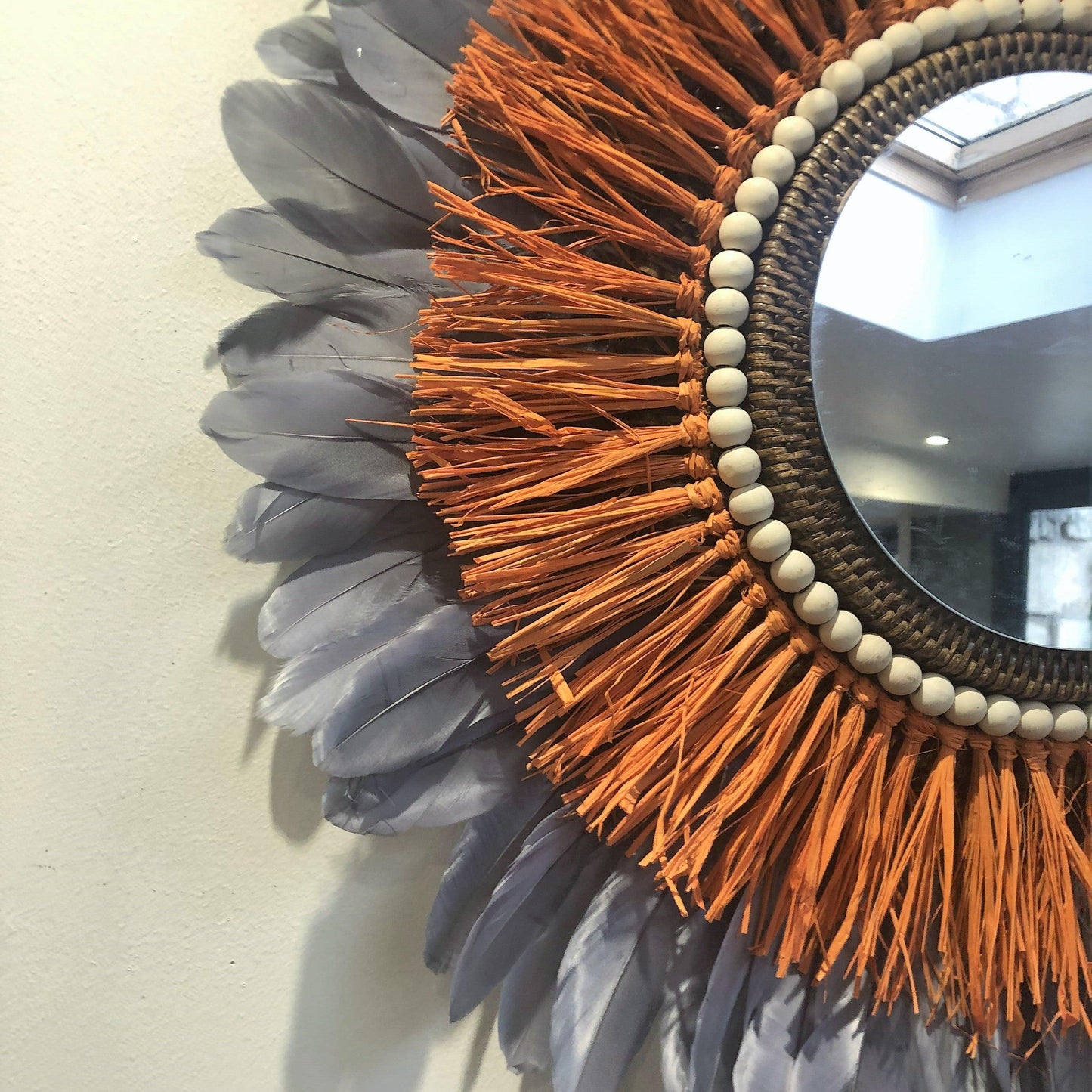 Mirror in ORANGE raffia and feathers in any color