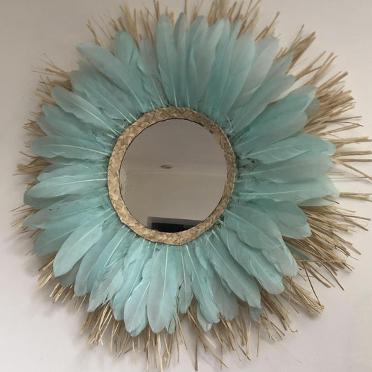 miroir raphia et plume turquoise swanell