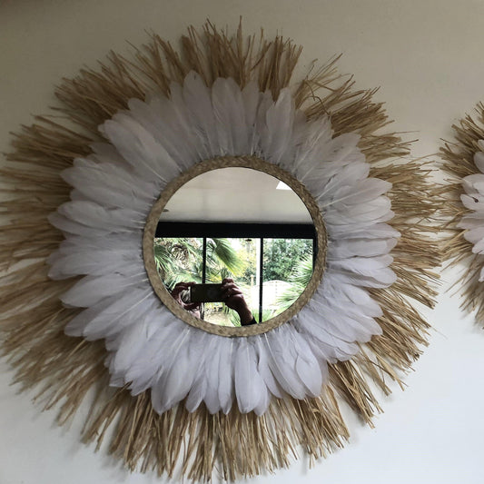 Miroir décoratif mural plumes blanches et raphia taille XXL